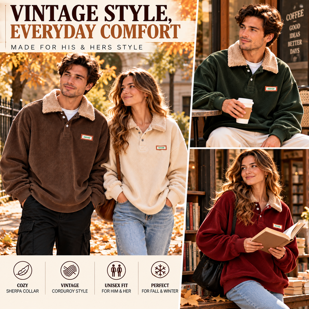 Unisex Vintage Corduroy Pullover Sweatshirt with Cozy Sherpa Collar