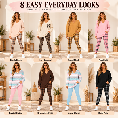 Women's Casual V-Neck Long Sleeve Relaxed Fit Tunic Top with Printed Leggings
