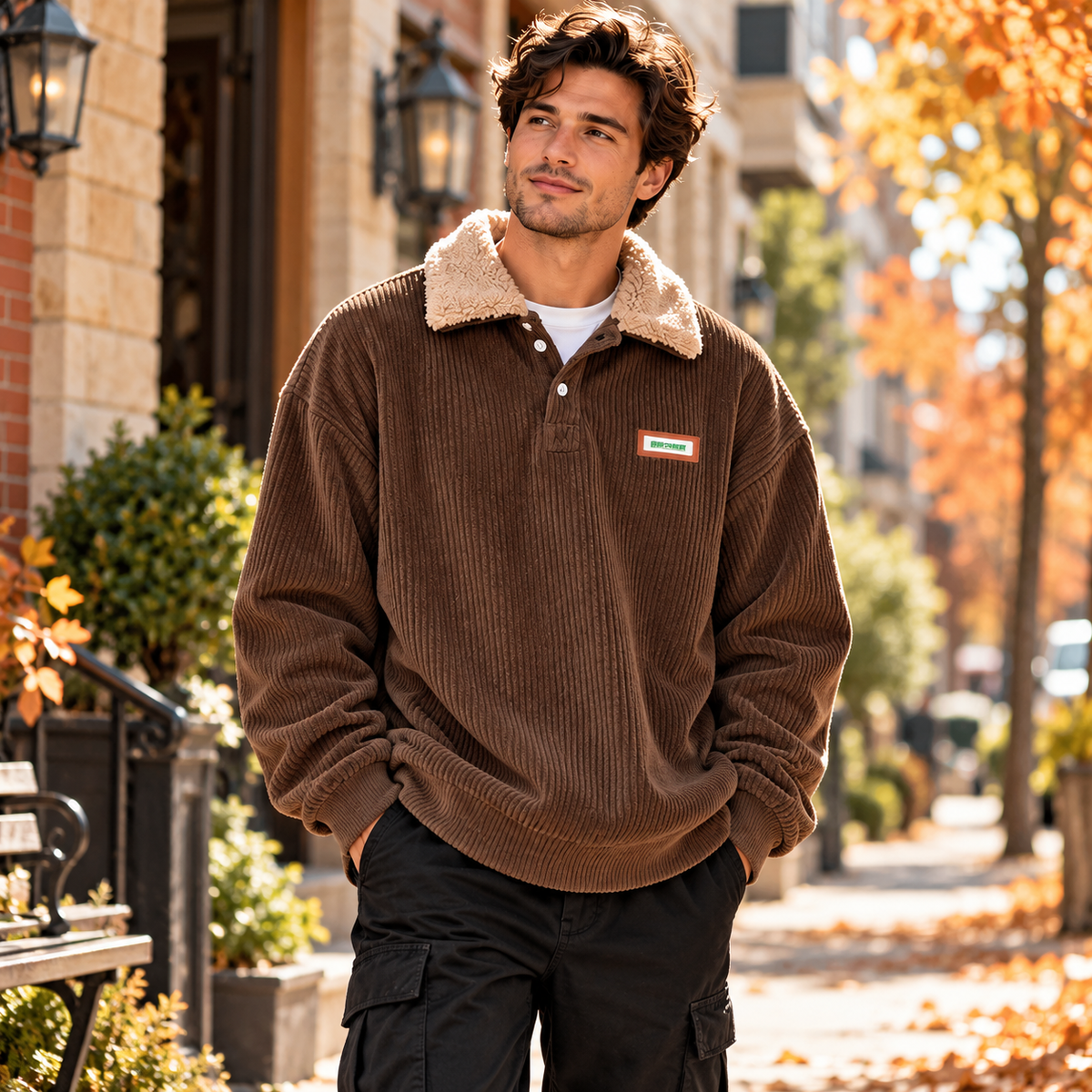 Unisex Vintage Corduroy Pullover Sweatshirt with Cozy Sherpa Collar