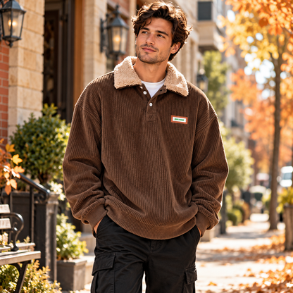 Unisex Vintage Corduroy Pullover Sweatshirt with Cozy Sherpa Collar