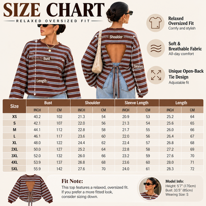 Women's Retro Striped Open Back Tie Detail Relaxed Fit Long Sleeve Top