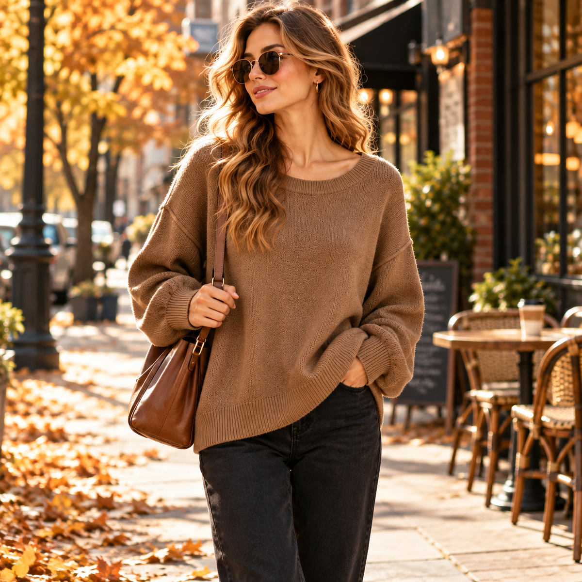 Woman wearing a coffee brown relaxed knit sweater with dark jeans and a brown shoulder bag on an autumn city street