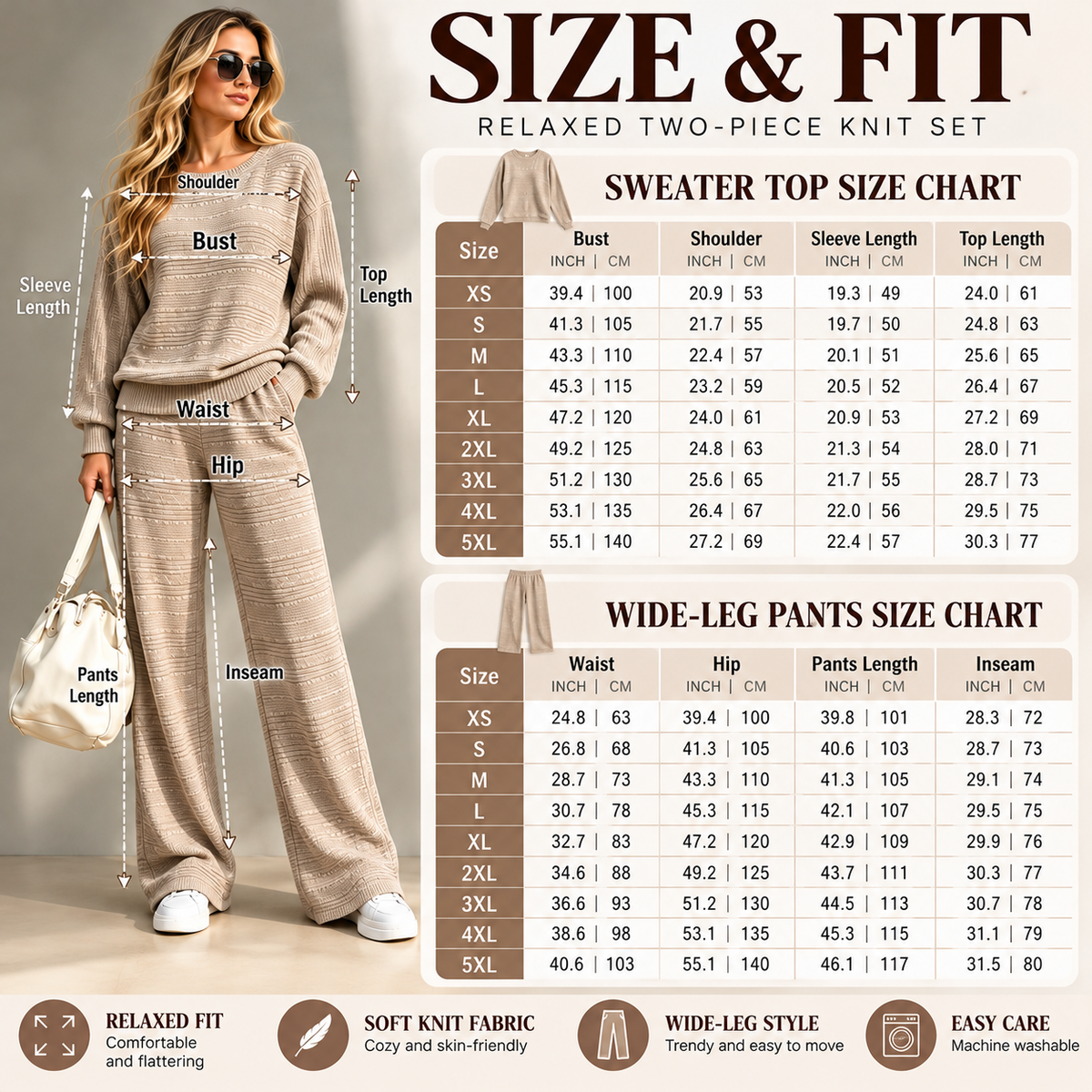Original XS to 5XL knit lounge outfit size chart showing sweater bust shoulder sleeve top length and pants waist hip length inseam in inches and centimeters