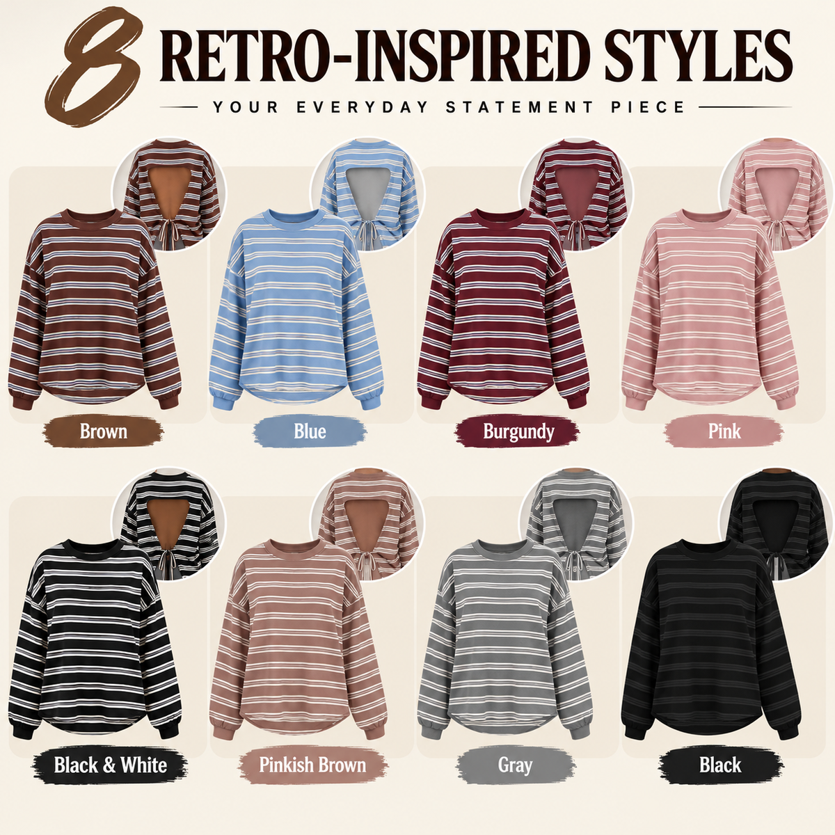 Women's Retro Striped Open Back Tie Detail Relaxed Fit Long Sleeve Top
