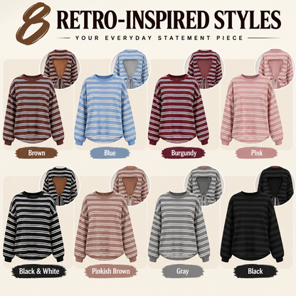 Women's Retro Striped Open Back Tie Detail Relaxed Fit Long Sleeve Top