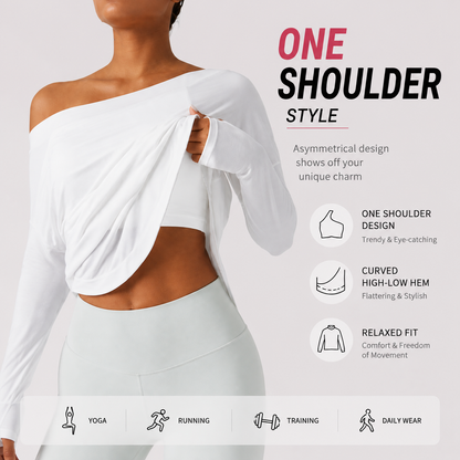 Women’s One Shoulder Long Sleeve Workout Top with Built-In Bra & Thumb Holes