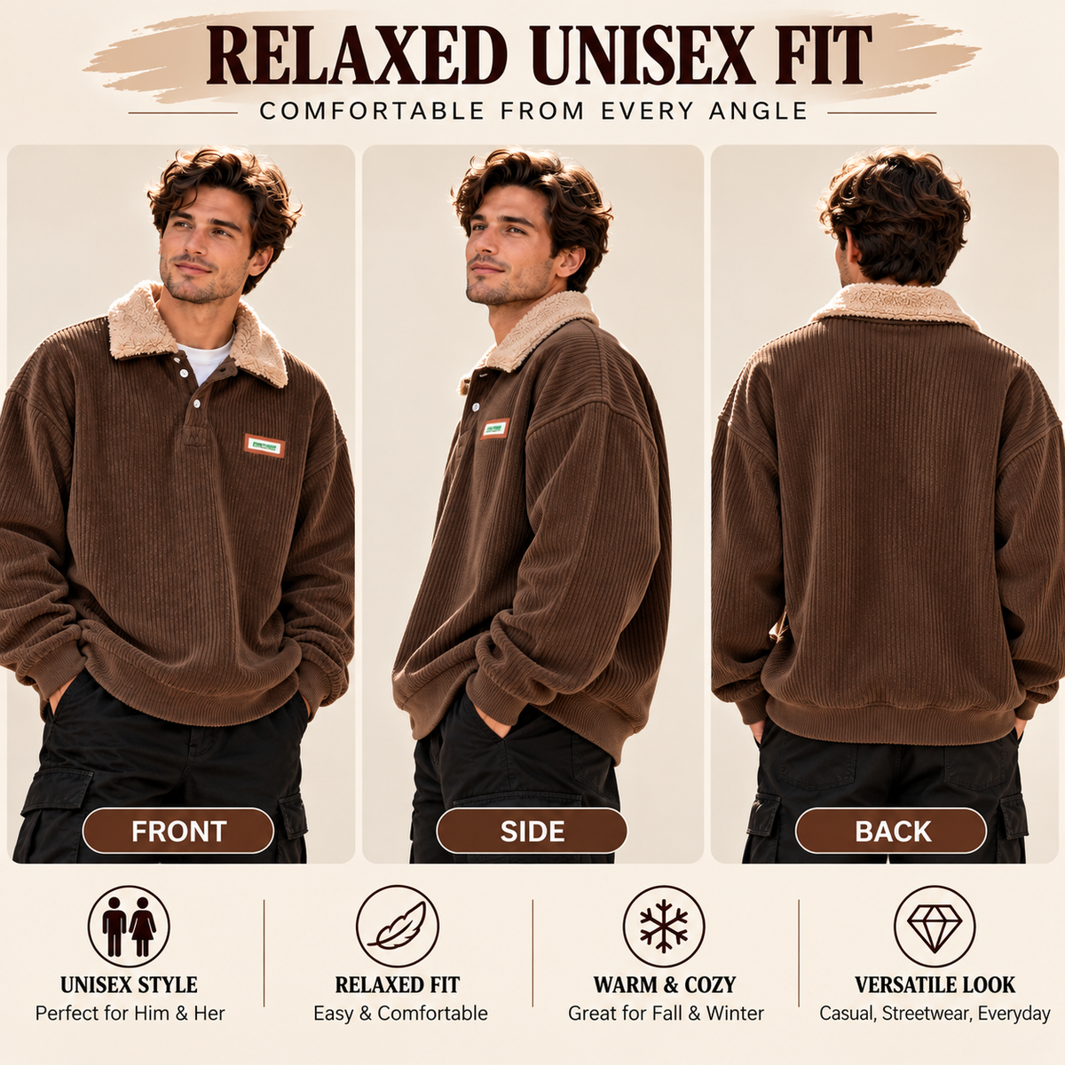 Front, side and back views of a man wearing a coffee brown relaxed corduroy pullover with contrasting sherpa-style collar