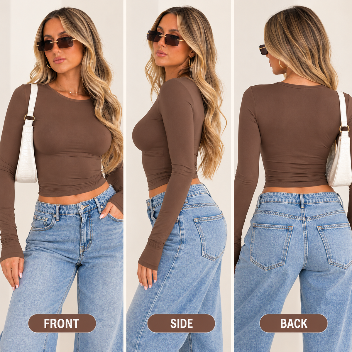 Front, side and back views of a woman wearing a coffee brown slim fit crew neck long sleeve top with blue jeans