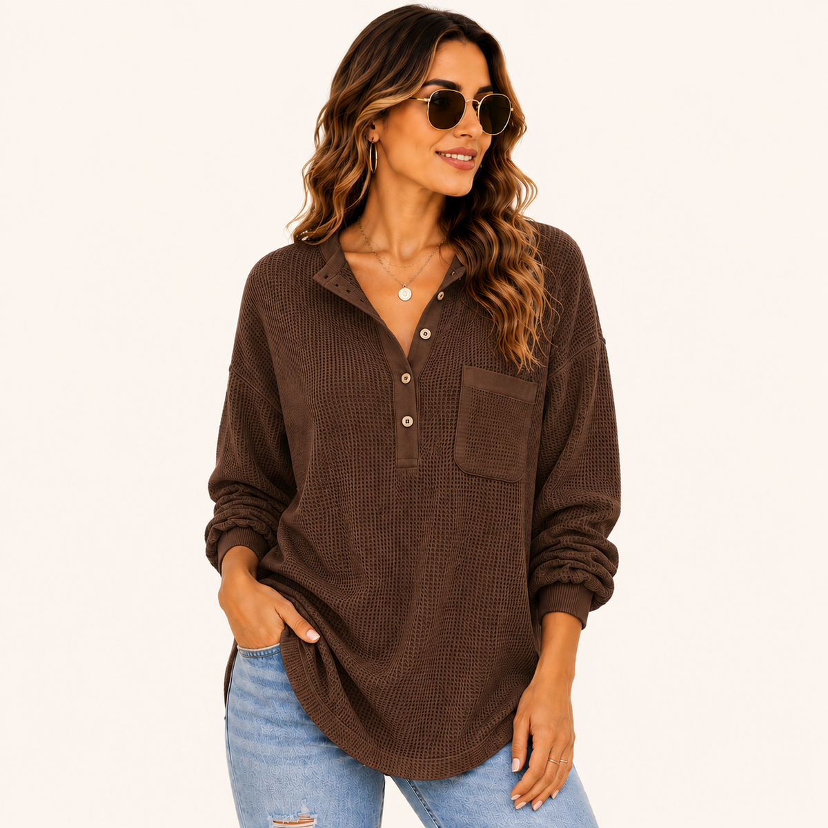 Women's Oversized Waffle Knit Henley Top – Relaxed Fit Long Sleeve Casual Shirt