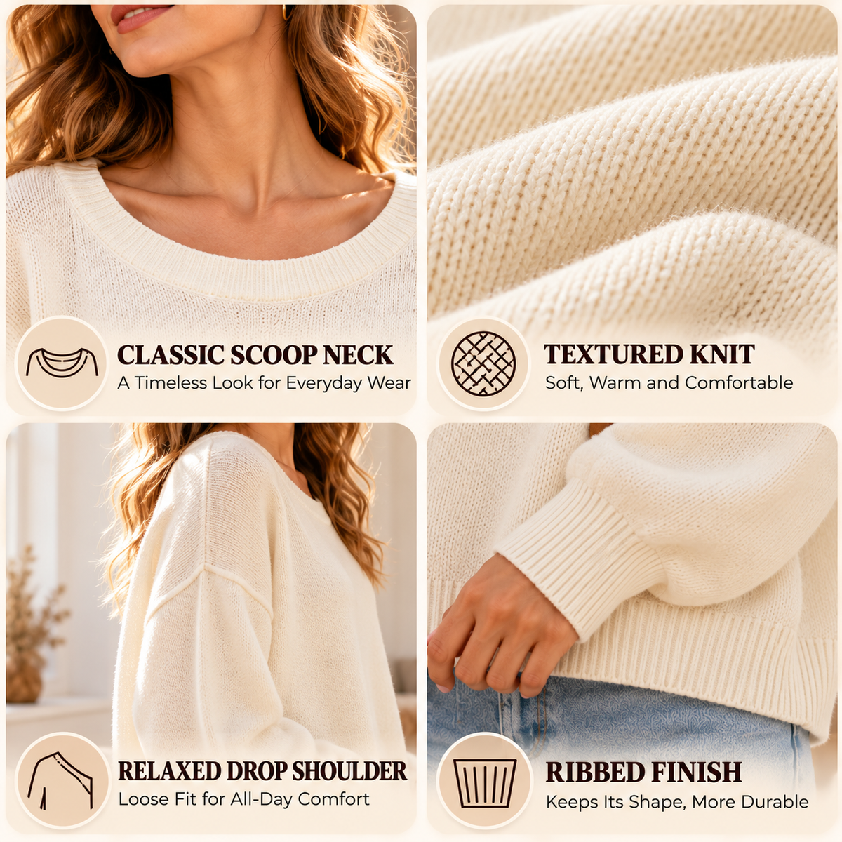 Women's Cozy Solid Color Crew Neck Relaxed Fit Knit Sweater