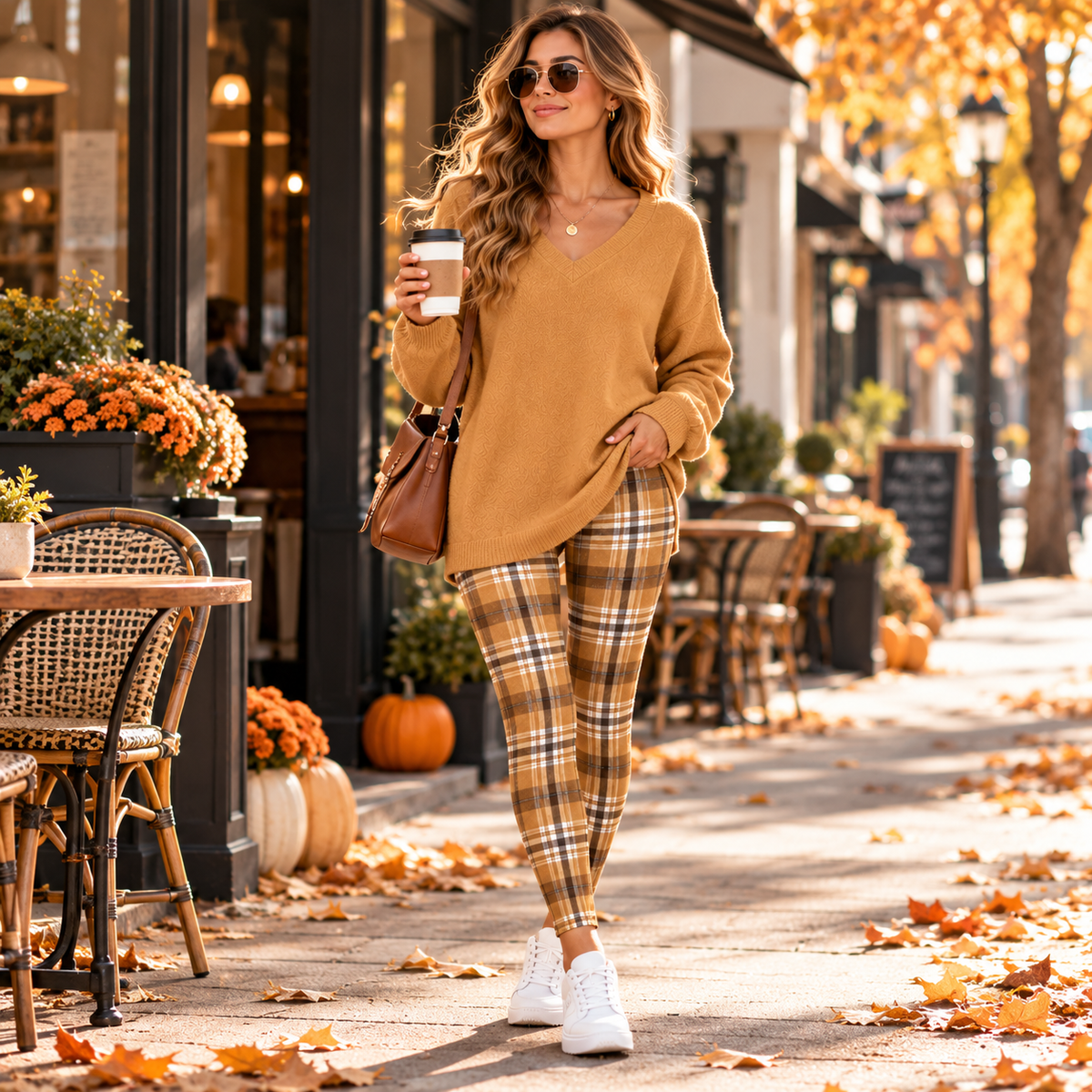 Woman wearing camel V-neck tunic and camel plaid leggings while walking near an autumn cafe with a coffee