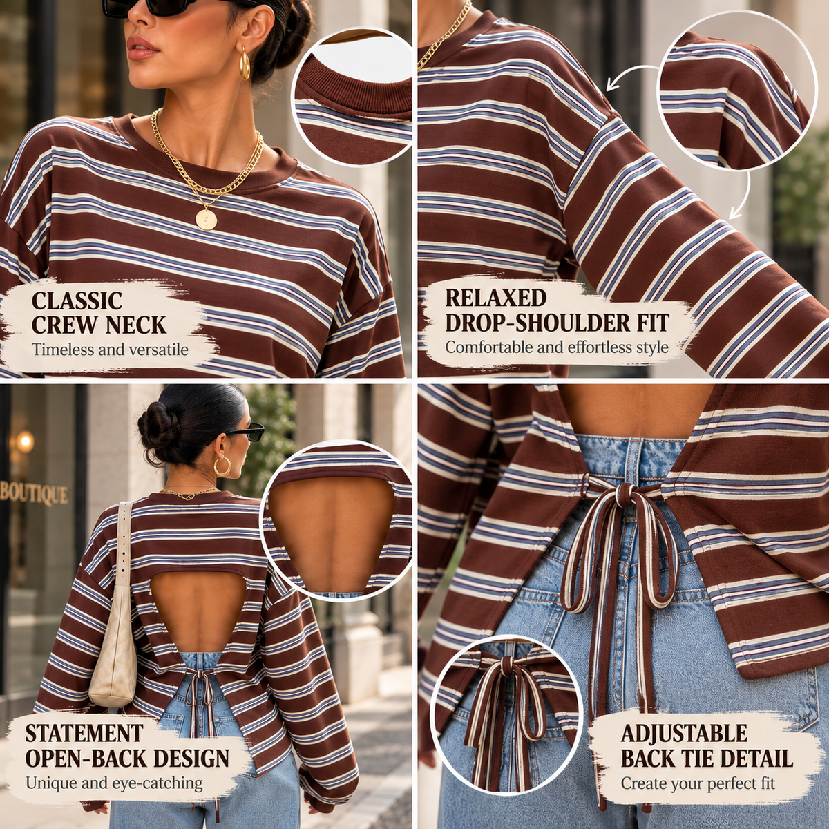 Women's Retro Striped Open Back Tie Detail Relaxed Fit Long Sleeve Top