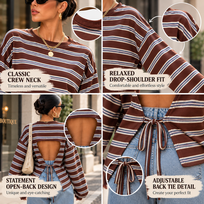 Women's Retro Striped Open Back Tie Detail Relaxed Fit Long Sleeve Top