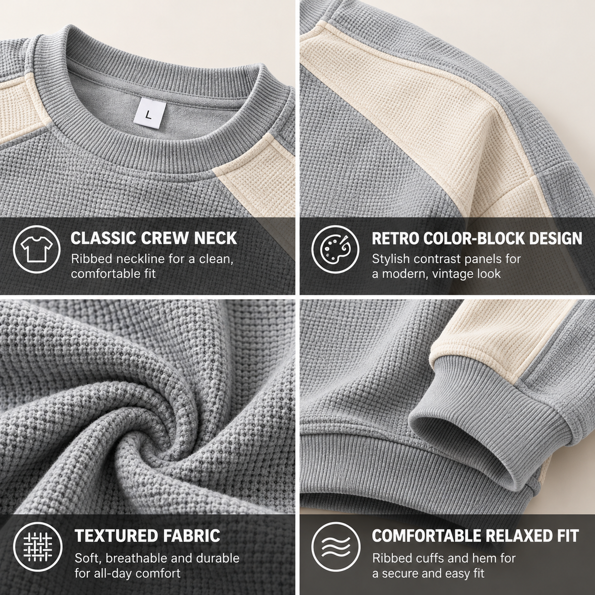 Close-up of crew neck, color-block shoulder panels and ribbed cuffs