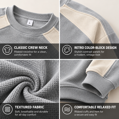 Men's Retro Color Block Crew Neck Relaxed Fit Pullover Sweatshirt