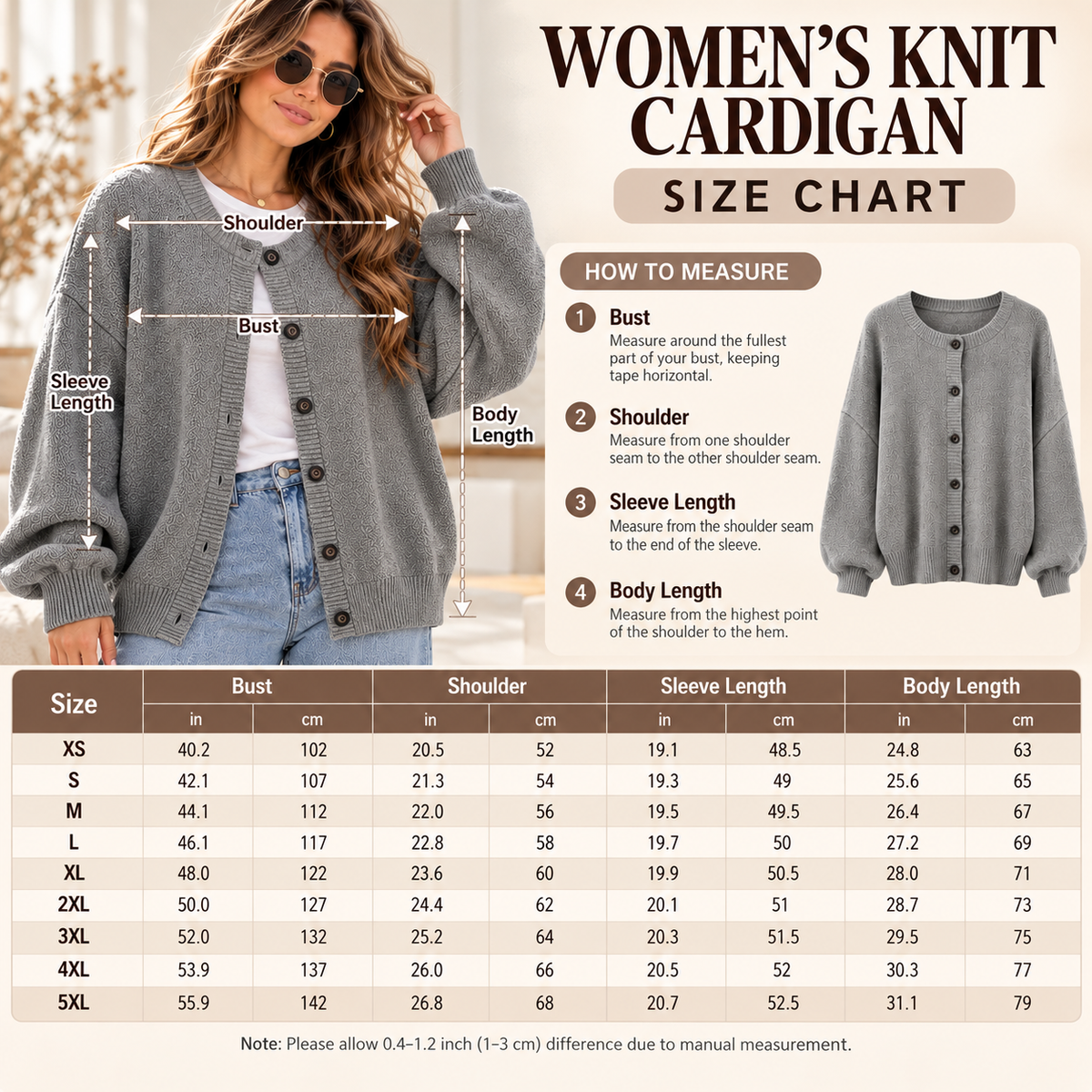 Women's Cozy Oversized Crew Neck Button Front Knit Cardigan Sweater