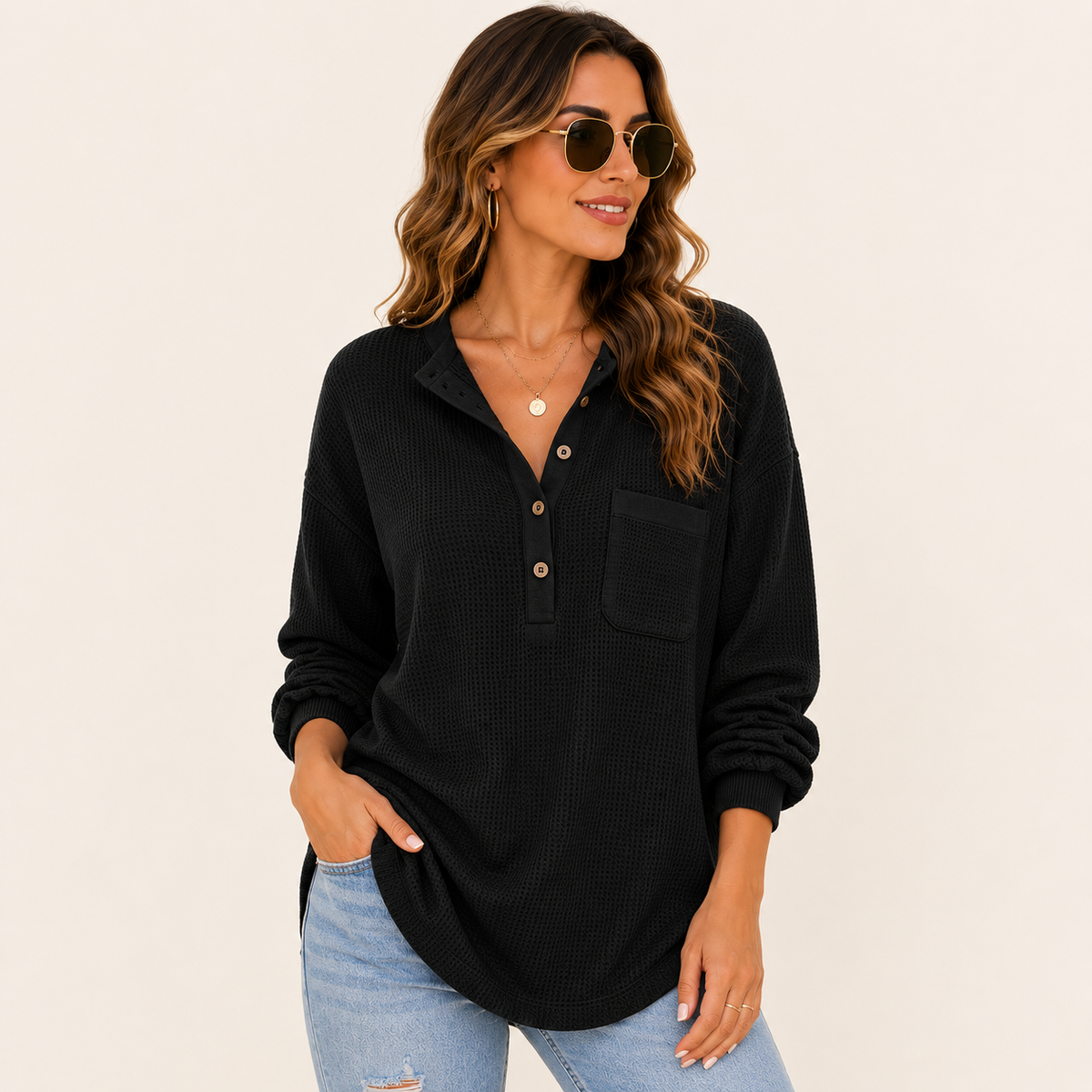 Women's Oversized Waffle Knit Henley Top – Relaxed Fit Long Sleeve Casual Shirt