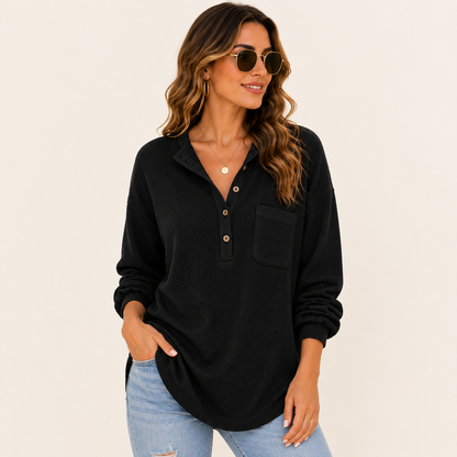 Women's Oversized Waffle Knit Henley Top – Relaxed Fit Long Sleeve Casual Shirt
