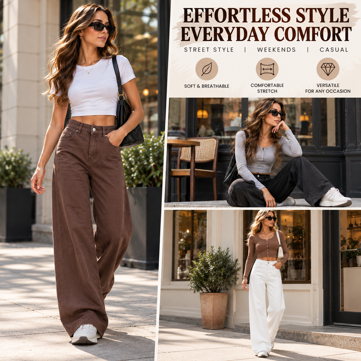 Wide-leg jeans styled in coffee brown washed black and white colorways