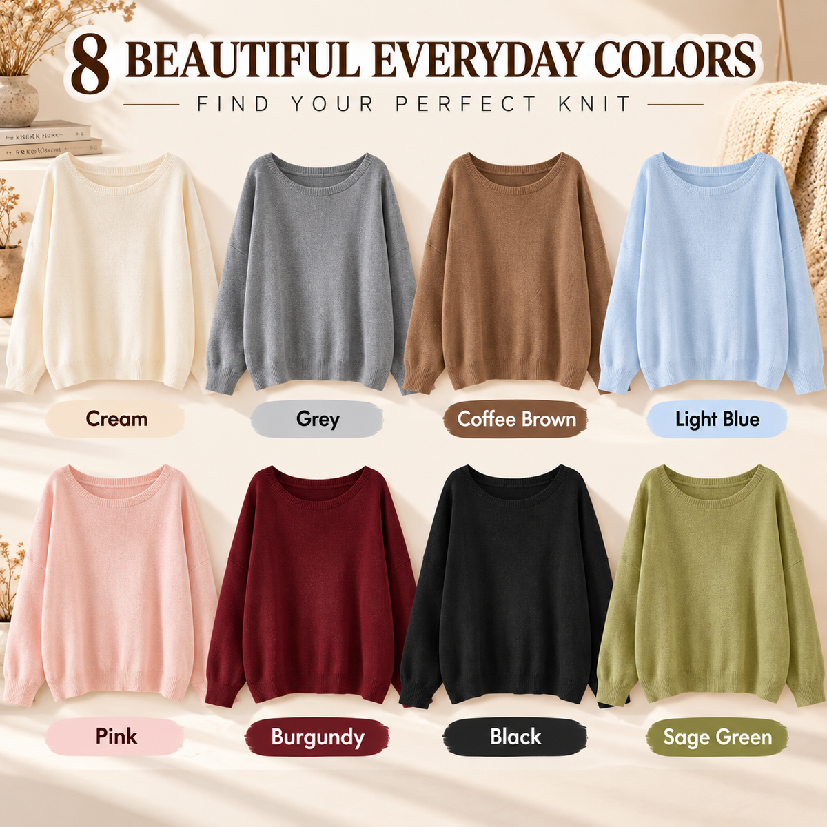 Eight oversized knit sweaters in cream, grey, coffee brown, light blue, pink, burgundy, black and sage green