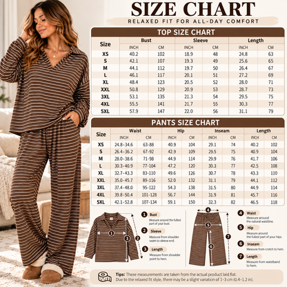 Women's Casual Striped Long Sleeve Collared Top and Wide Leg Pants Lounge Outfit