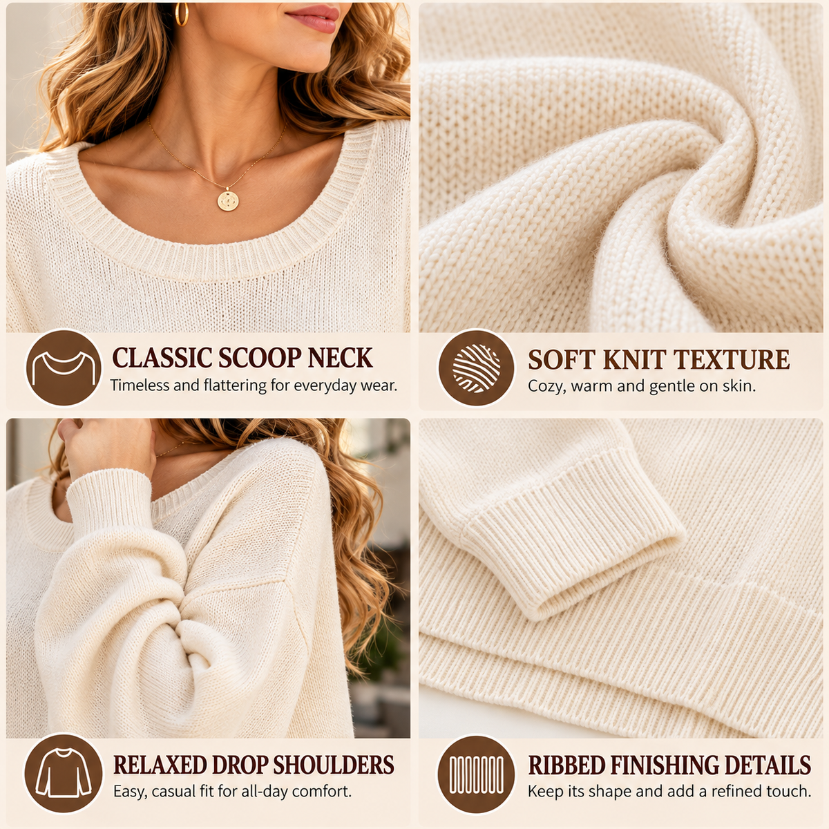 Cream knit sweater detail collage showing scoop neckline, textured knit surface, dropped shoulders and ribbed cuffs