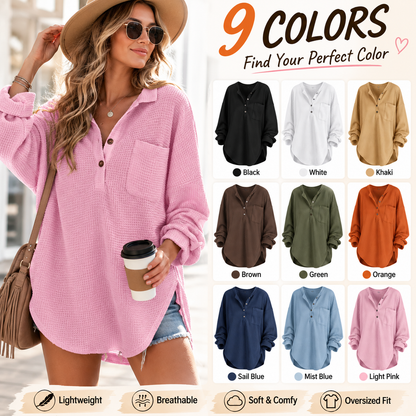 Women's Oversized Waffle Knit Henley Top – Relaxed Fit Long Sleeve Casual Shirt