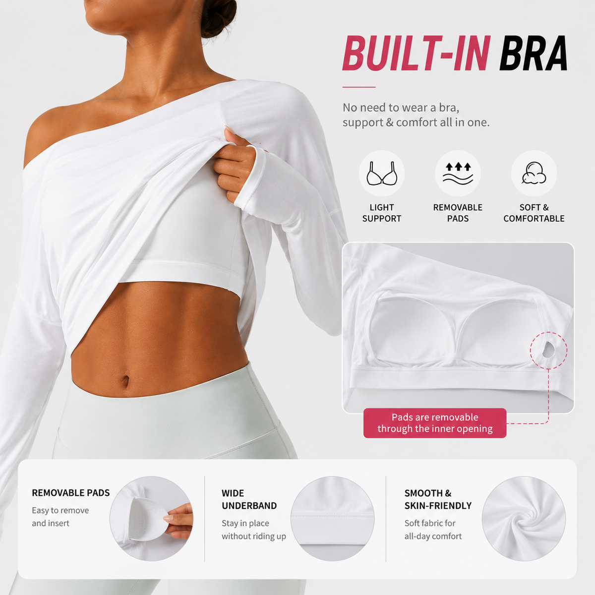 Women’s One Shoulder Long Sleeve Workout Top with Built-In Bra & Thumb Holes